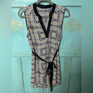 Staccatto Women's Short Tunic Dress Tie Belt Blk Orange Vneck  Sleeveless Small
